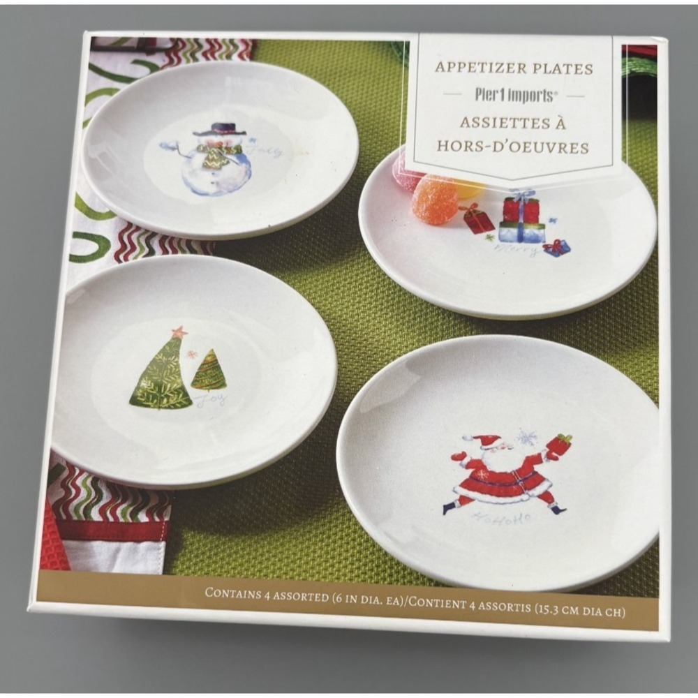 Pier 1 Imports‎ Set of 4 Christmas Appetizer Plates Ceramic Winter Snowman Santa